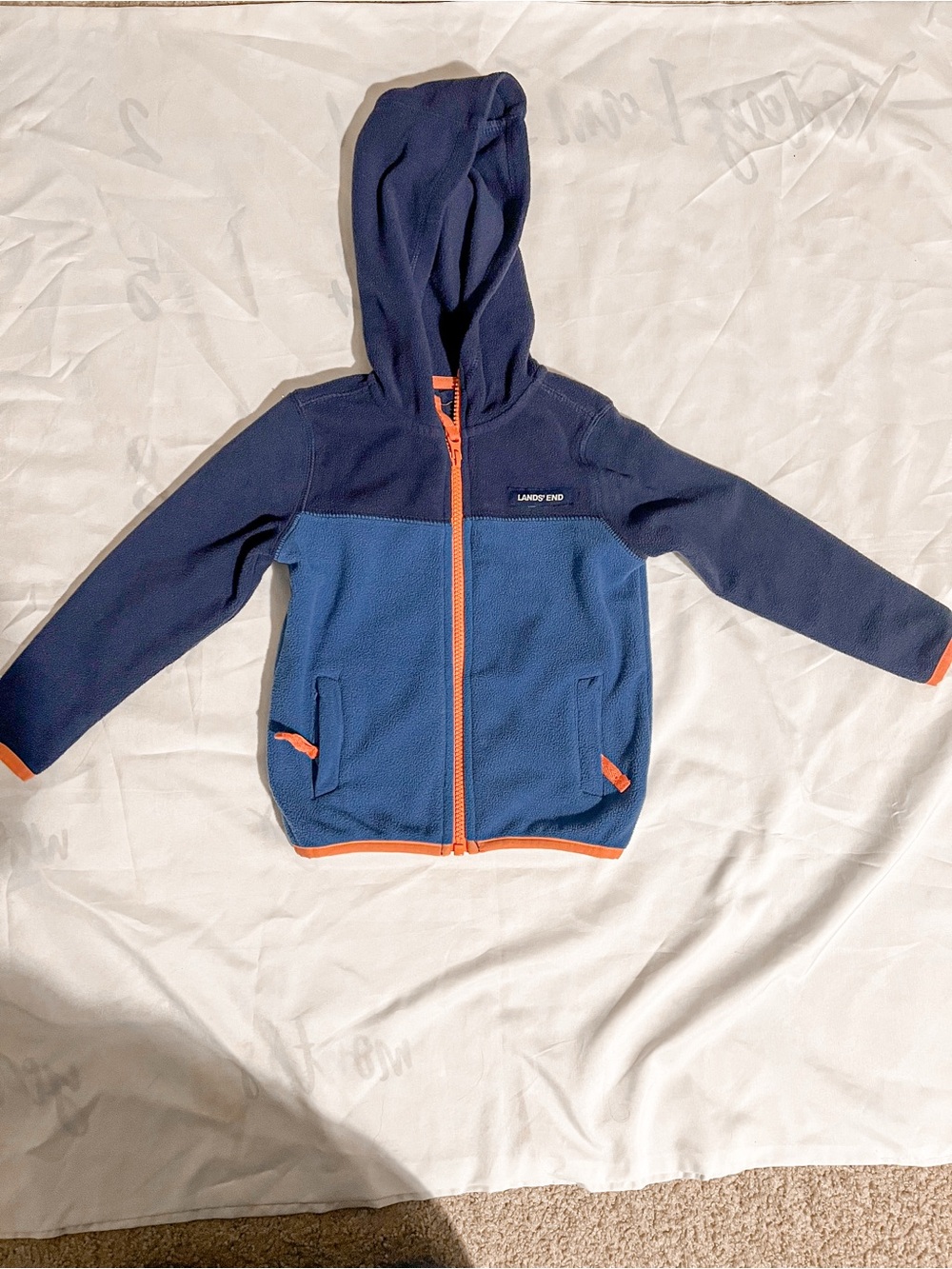 Lands' End Kids Navy and Blue Hooded Fleece Zip Jacket with Orange Trim Size 3T